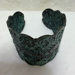Verdigris Patina Filigree Cuff Bracelet Green Bronze Scalloped Wide Boho Bangle